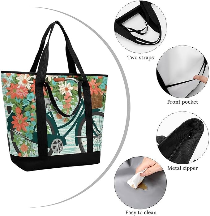 Insulated Shopping BagLarge Reusable Cooler Bags Bicycle with Flower Printed Foldable Shopping BagTravel Waterproof Shoulder Bag