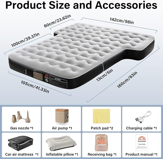 Coverado Car Air Mattress SUV Air Mattress with Built in Wireless Pump Comfort Flocking Travel Bed 5-inch Height SUV Mattress Car Bed Camping Universal Air Mattress for SUVs Supports 660lbs