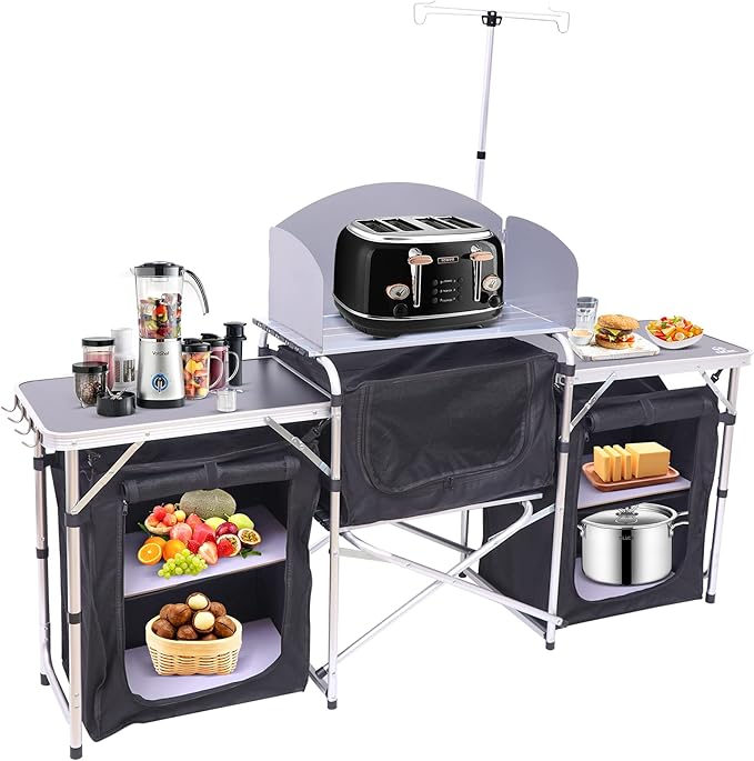 Nice C Camping Kitchen Table Folding Grill Table Upgrade Light Stand and Windshield Cooking Station &amp 3 Organizers Carry Bag for Outdoor Beach BBQ Picnic Cooking Indoor Office(Silver)