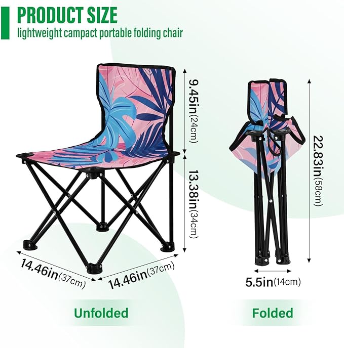 KLL Pastel and Blue Palm Leaves Folding Heavy Duty Camping Chairs Ultralight Compact Folding Chair with Carrying Bag Lawn Chairs for Concert Sports