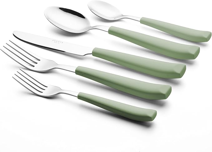 ANNOVA Silverware Set Stainless Steel Colorful Handle Tableware Kitchen Flatware Set Utensils Includes Dinner Knives Forks Spoons Salad Forks &amp Dessert Spoons (Sage Green 20 Pieces)