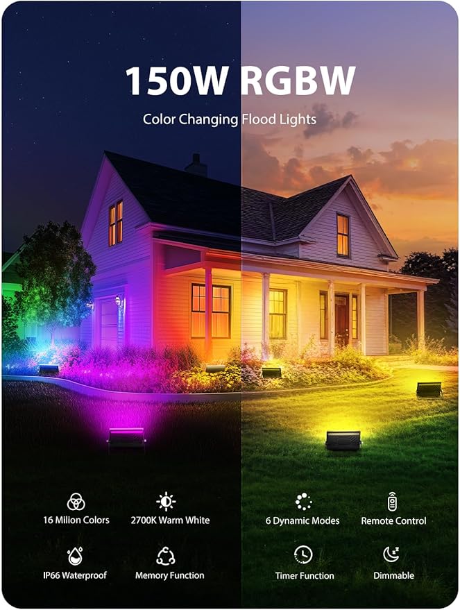 Onforu LED Flood Light Outdoor 1000W Equivalent 150W Color Changing RGBW Floodlight with Remote Stage Lights Uplights for Events IP66 Uplighting Spotlight Floor Strobe Light for Christmas 4 Pack