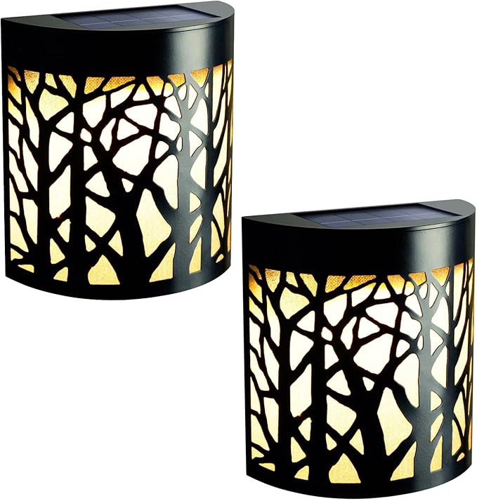DenicMic Solar Wall Lights Outdoor Wall Sconce Fence Lighting for Patio Front Door Yard Deck Stair Led Forest Decorative Lamps Waterproof Warm White/Color Changing (2 Pack)