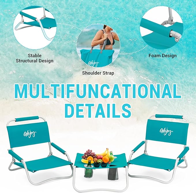 #WEJOY 2-in-1 Beach Chairs &amp Table Set Lightweight &amp Folding Backpack Beach Chairs for Outdoor Beach Lawn Camping Picnic Cyan