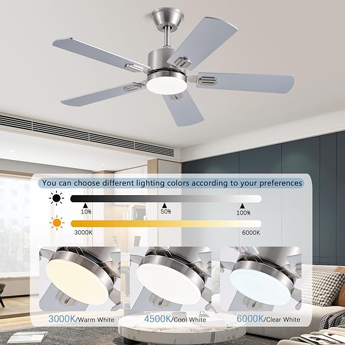 42 inch Modern Ceiling Fans with Lights APP/Remote Control Low Profile Reversible 6 Speeds Dimmable Ceiling Fan Light for Indoor/Outdoor Bedroom Living Room（Nickel）