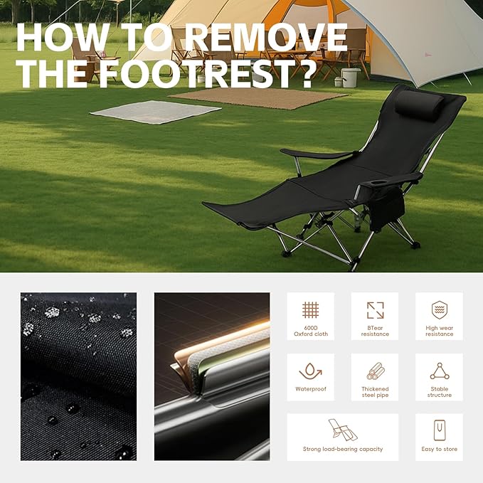 Reclining Camping Chair with Removable Footrest Adjustable Camping Lounge Beach Chair with Padded Headrest Cup Holder &amp Carry Bag Camp Chair with Foot Rest Lawn Chairs for Camp FishingOffice