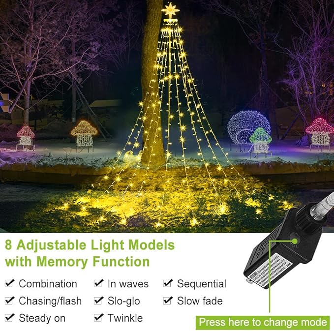 PUHONG Christmas Decoration Dippers Star String Lights16.4Ft 320 LED Christmas Tree Lights [8 Modes &amp Waterproof]with 11 Lighted Star for Halloween Xmas New Year Holiday Birthday (Warm White)