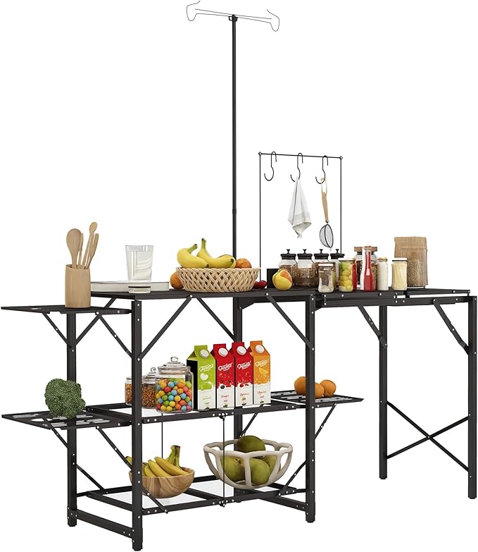 Outsunny Folding Camp Kitchen Table Portable Camping Cooking Station with Adjustable Lantern Holder Hanging Hooks and Carrying Bag for Outdoor Picnic Beach BBQ Traveling