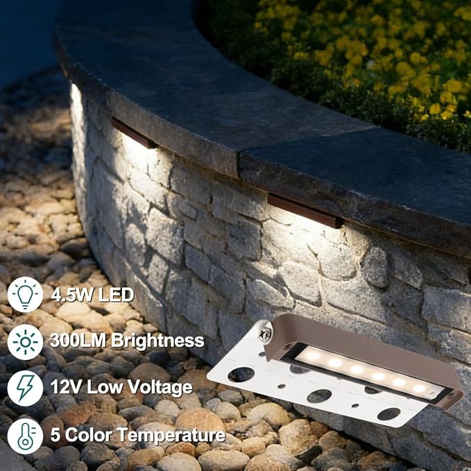 kadision 7” LED Retaining Wall Light 12V Low Voltage Hardscape Lighting 4.5W 300lm 2700K/3000K/4000K/5000K/6500K Adjustable Paver Light Outdoor Landscape Step Lights 4-Pack