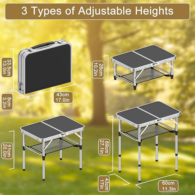 Folding Camping Table 2 FT Folding Portable Camping Table Outdoor&ampIndoor Picnic Table with 3 Adjustable Height Max 27.1Lightweight Aluminum Camping Tables Car Camping Essentials-Black