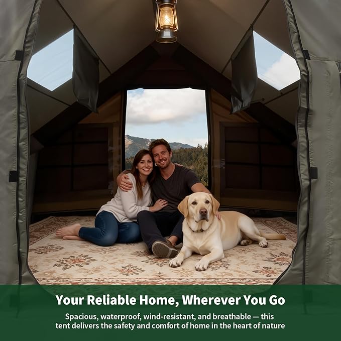 NANJEEN® | Large Luxury Inflatable Camping TentWind &amp Rain Resistant12㎡ Interior2-10 Person Shelter8 Minutes Fast Setup with Hand PumpAll-Season ReadyDual DoorsMosquito-Proof Mesh Windows