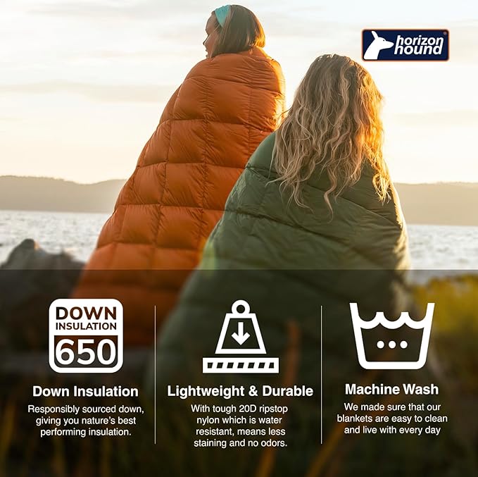 Horizon Hound Puffy Down Camping Blanket - Outdoor Travel Quilt | Sustainable Insulated Lightweight &amp Warm Gear for Sleep Camping Stadium Hiking &amp Festivals | Water Resistant Packable &a