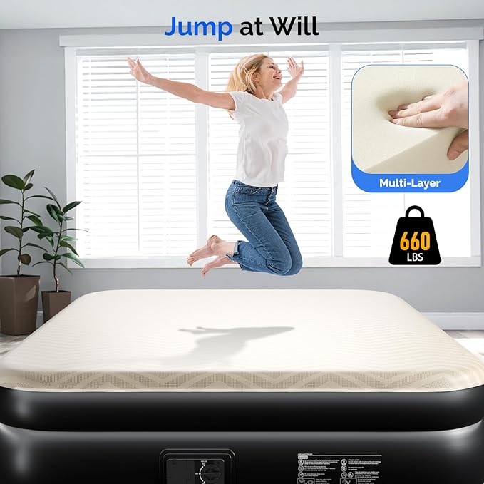 VINGLI Deluxe Air Mattress with Built-in Pump 18 Raised Blow Up Mattress with Soft Flocked Top Leakproof Inflatable Mattress for Camping Home Guestswith Storage Bag (Luxury Kaqi Queen)