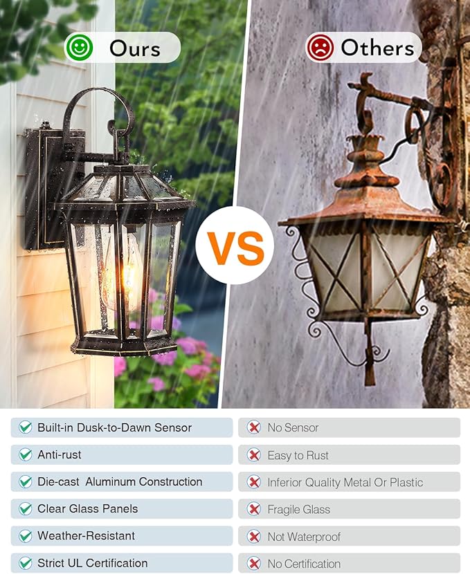 VIANIS Outdoor Wall Light Fixtures Aluminum Dusk to Dawn Outdoor Lighting with Tempered Glass Weatherproof Exterior Lighting Fixtures Oil-Rubbed Bronze Gold Trim Front Porch Light for Door Patio