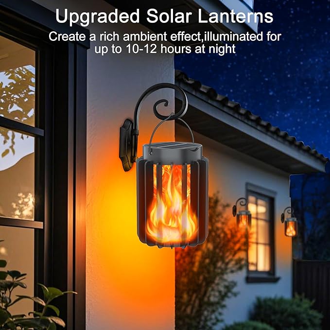 Solar Lantern Outdoor Lights 4 Pack Upgraded Flickering Flame Solar Lanterns Lights Outdoor Waterproof Hanging Lantern Decorative Solar Powered Lanterns for Yard Patio Path Garden Decor