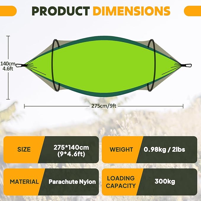 Chihee Ultra-Light Travel Camping Hammock Pop-up Net Hammock 660lbs Load CapacityBreathableQuick-Drying Parachute Nylon 2 Premium Carabiners2 Tree Slings Included for Outdoor Backpacking Hiking