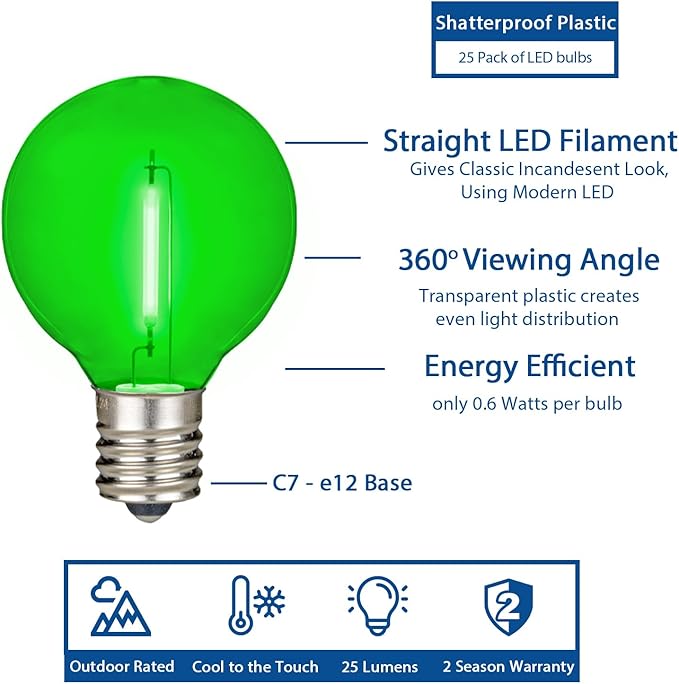 Novelty Lights 25 Pack Green G40 LED Filament String Light Bulbs E12/C7 Candelabra Base 5 Watt Equivalent Shatterproof Replacement Bulbs for Patios Canopy Lighting