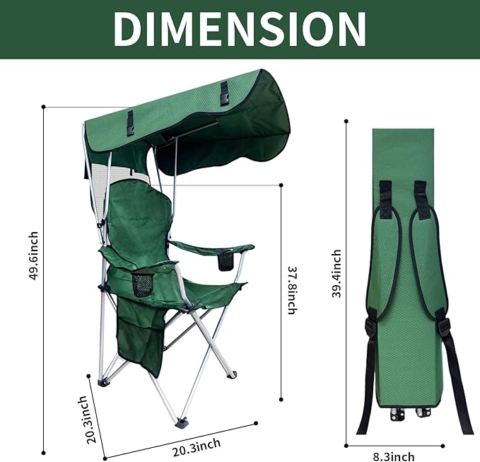 Portable Camping Chair with Canopy Shade- Folding Camping Lounge Chair with Cup Holder &amp Side Pocket for Outdoor Camping Fishing Beach - Support 330 LBS (Green)