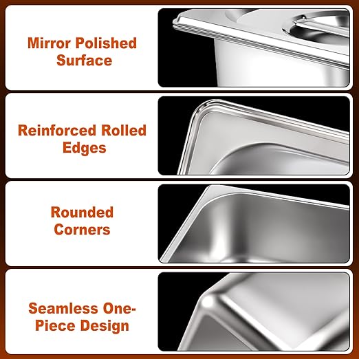 6 Pack 1/6 Size Stainless Steel Hotel Pans with Lids 6 Inch Deep Steam Table Pans Anti-Jam Metal Hotel Pans with Clip for Restaurant Home Catering Food Storage