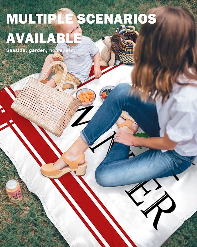 Beach Blanket Waterproof Sandproof OversizedChristmas Simple Red Stripe on White Beach Mat with Corner Stakes Sand PocketsHello Winter Quote Outdoor Picnic Mat for Travel Camping Hiking 95x80In