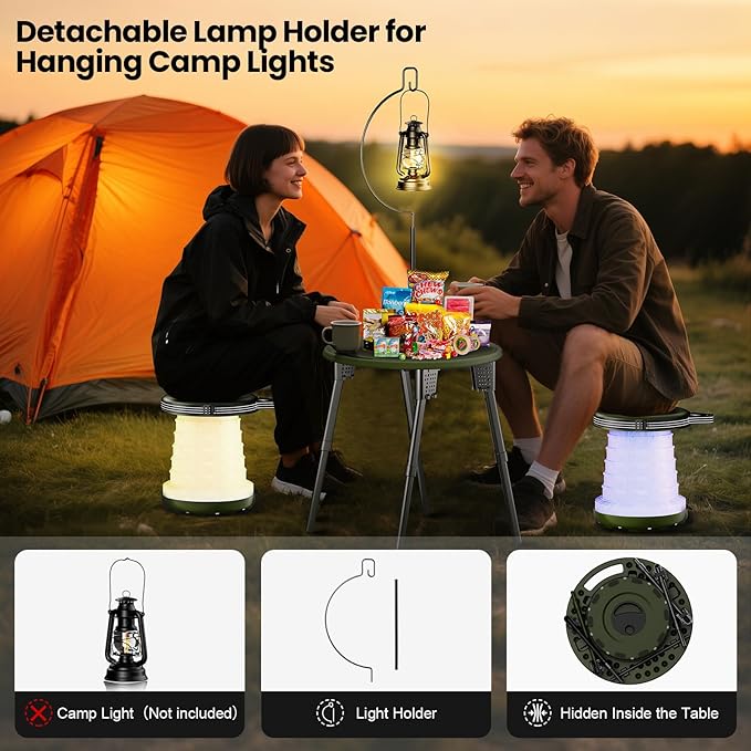 LED Camping Table Set with Stools 300lbs Capacity Adjustable Height Folding Table &amp Chairs All-in-One Compact Design for Outdoor Camping Picnic Tailgating