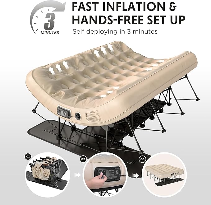 Simpli Comfy Queen EZ Bed Self-Inflating Air Mattress with Built-in Frame Pump and Wheeled Case Blow Up Inflatable Rolling Air Bed on Wheels