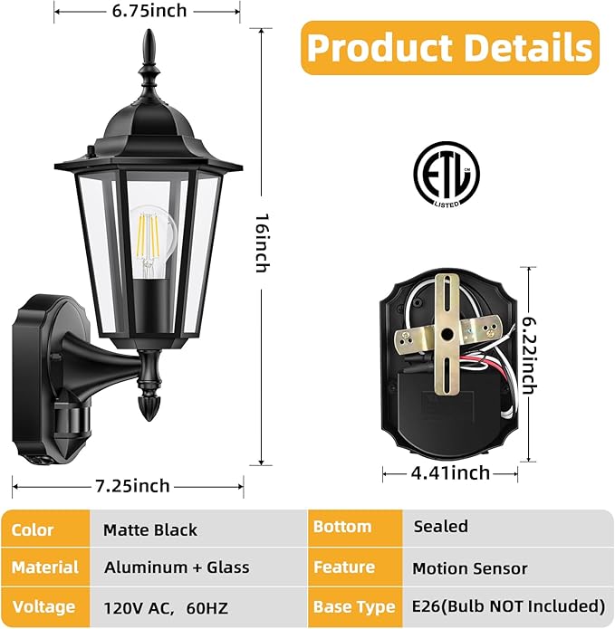 Lamomo 2 Pack Motion Sensor Outdoor Lights Upgrade Dusk to Dawn Exterior Light Fixture Wall Mounted 100% Anti-Rust Aluminum Waterproof Porch Lights for Patio Front Door Garage