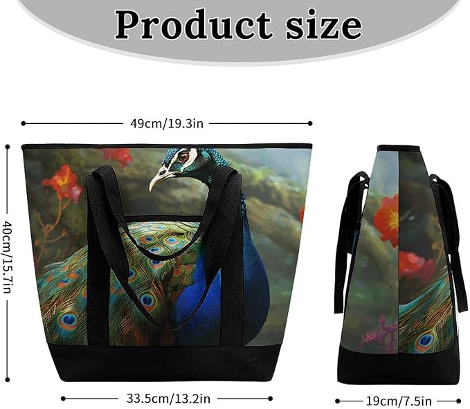 Insulated Shopping BagLarge Reusable Cooler Bags Colorful Peacock Printed Foldable Shopping BagTravel Waterproof Shoulder Bag