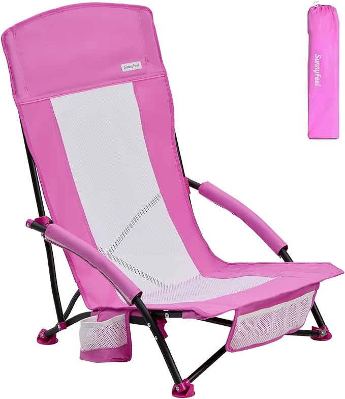SUNNYFEEL Folding Beach Chair High Back Beach Chairs for Adults Lightweight Portable Camp Chair 300lbs Heavy Duty with Carry Bag Mesh Back Cup Holder for Outdoor Travel Picnic Concert Pink