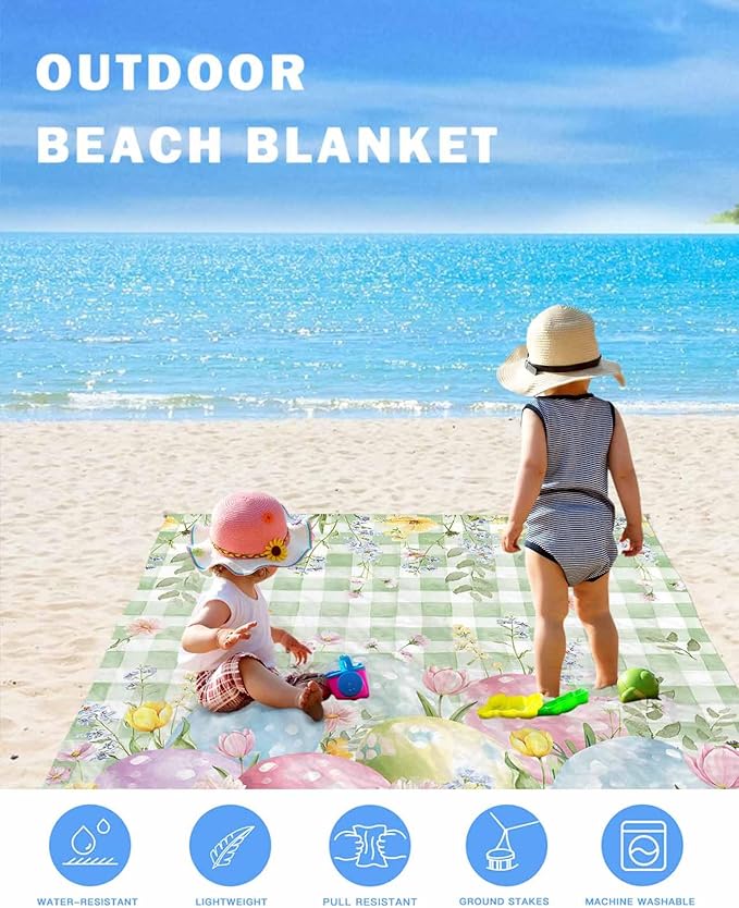 Beach Blanket Waterproof Sandproof Easter Egg Green Check Quick Drying Beach Mat with 4 Stakes Spring Flower Leaf Pastoral Style Lightweight Picnic Blanket for Travel Camping Outdoor 118x108