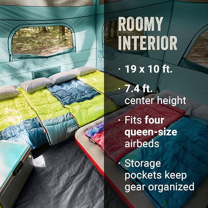 Coleman Skylodge 12-Person Camping Tent with Rainfly &amp Screened Porch XL Weatherproof Family Tent Fits 4 Queen-Sized Airbeds Color-Coded Poles &amp Sleeves Made of PFAS-Free Materials