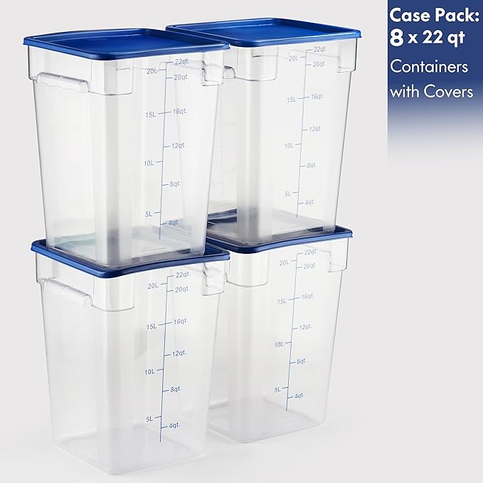 CURTA 8-Pack 22 Qt NSF Clear Polycarbonate Food Storage Containers with Blue Lids - Square Commercial-Grade Freezer &amp Dishwasher Safe Stackable