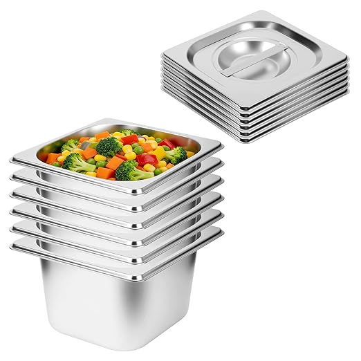 6 Pack 1/6 Size Hotel Pans 4 Inch Deep with Lids Stainless Steel Steam Table Pan with Lids Commercial Food Pans for Hotel Home Restaurant Catering Buffet Pan