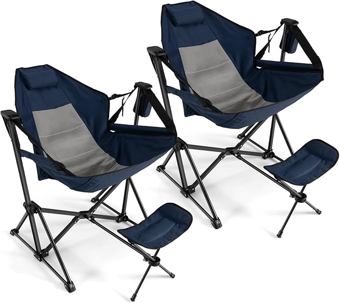 COSTWAY Folding Camping Chair Portable Beach Chair with Retractable Footrest Adjustable Back Cup Holder &amp Carry Bag Outdoor Lawn Patio Chair for Camping Fishing Hiking (Navy 2 Pack)