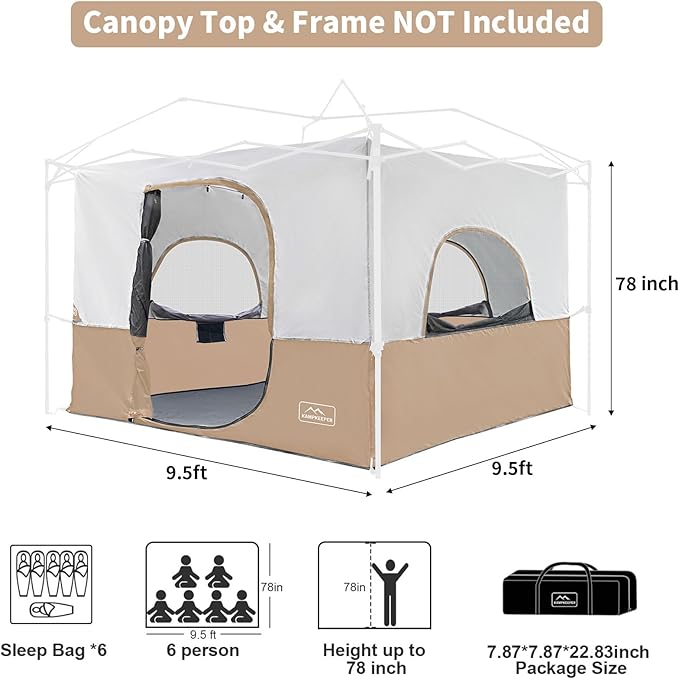 KAMPKEEPER Camping Inner Tent for Pop Up Canopy Converts 10'x10' Straight Leg Canopy into Camping Tent–Fully Vented Roof(Top &amp Frame NOT Included) Khaki