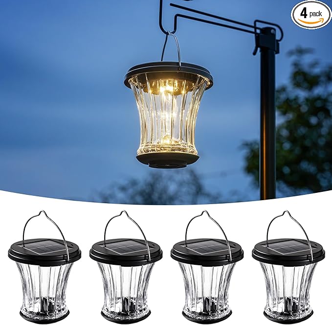 Glass Solar Lantern Outdoor Waterproof Hanging Solar Lights for Outside with Modular Design 3000K LED Auto On/Off Table Lamp for Garden Patio Yard Fence Wall Decorative Warm White(4 Pack)