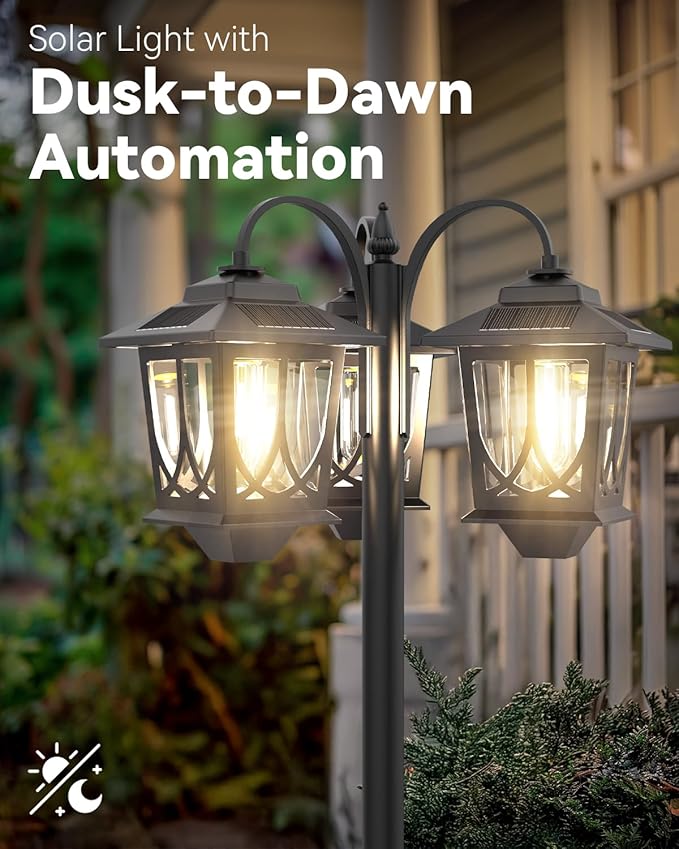 73 Aluminum Solar Lamp Post Light 3-Head Solar Light Poles for Outside Warm White 90Lm Dusk to Dawn Waterproof Floor Lamp for Front YardGarden Pathway Patio Replaceable Bulb
