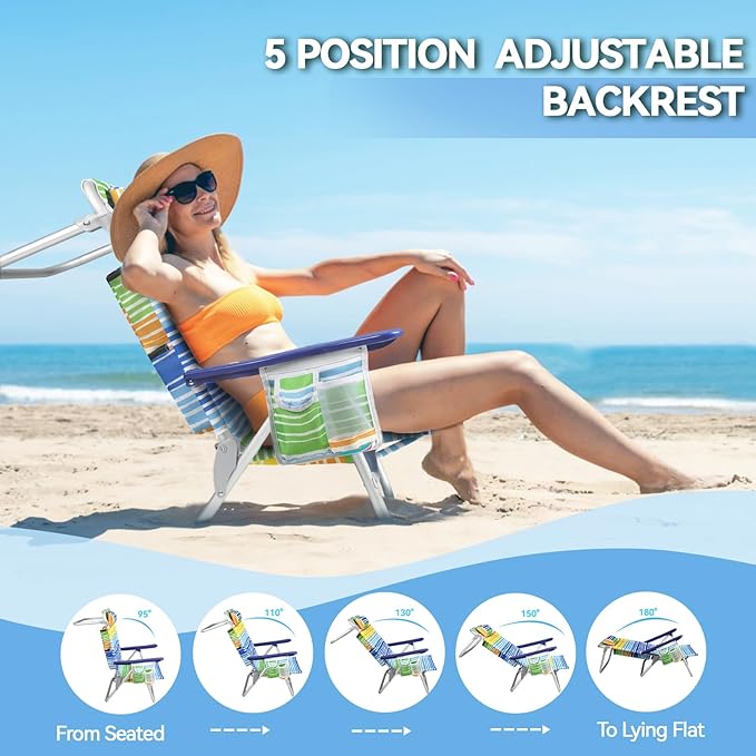 OFIKA Backpack Beach Chairs for Adults Folding Beach Chairs with 5 Adjustable PositionsCamping Chairs with HeadrestTowel Rack and Cup HolderSupports up to 300lbs (Colorful 4 Pack)