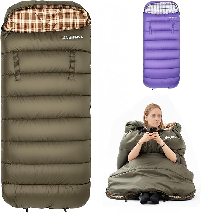 BISINNA Flannel XXL Sleeping bag (90.55x39.37) Wearable Sleeping Bag for Alults 3 Season with Pillow Compressdin Sack for Hiking Camping Backpacking Outdoor