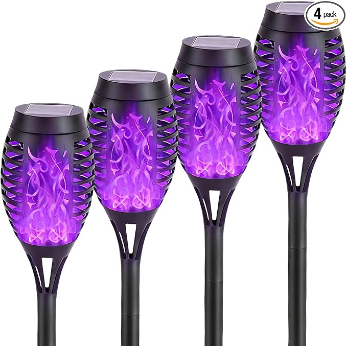 Solar Torch Light with Flickering Flame4Pack Solar Lights OutdoorWaterproof Solar Powered Yard Garden LightsSolar Flame LightTorches Lighting for Outside Patio Lawn Path Decorations (Purple)