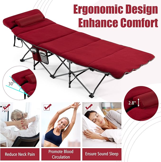 Goplus Camping Cot Folding Camping Cot with Mattress Pillow Carry Bag Storage Pocket Camping Bed Military Cot for Home Office Nap Hiking Heavy-Duty Portable Sleeping Cot for Adults Kids (Wine)