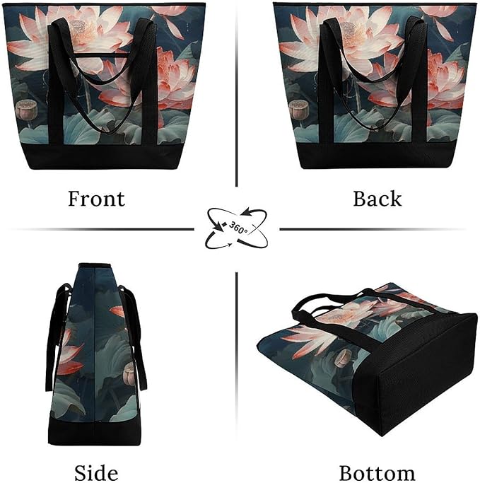 Insulated Shopping BagLarge Reusable Cooler Bags Dragonfly And Lotus Printed Foldable Shopping BagTravel Waterproof Shoulder Bag