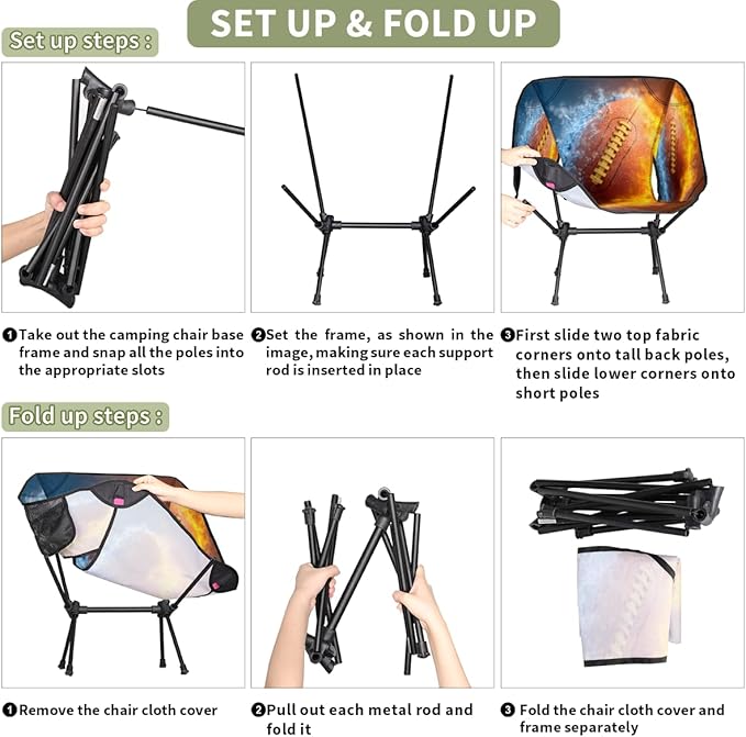 Ice Fire Collision Rugby Camping Chair Folding Backpacking Chair Portable Lightweight Outdoor Chairs with Side Pockets for Hiking Beach Picnic