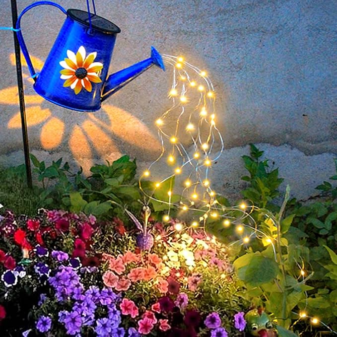 Blue Solar Watering Can with LightSolar Powered Waterfall Lights 1 Pack 60 LED(Includes Shepherd Hook) for GardenYard Path Christmas Holiday Decoration