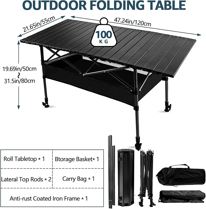 4FT Camping Table 47 x 21 Steel Fold Up Lightweight Table Adjustable Height Folding Picnic Table with Carry Bag for Camping Picnic Backyard BBQ Patio