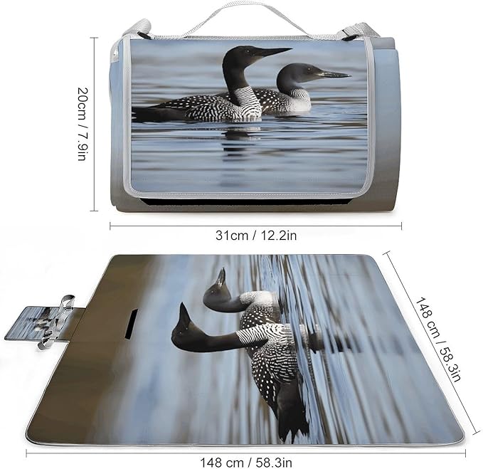 Loon Birds Beach BlanketPortable Waterproof Picnic Blanket58.3''x 58.3'' Extra Large Picnic Mat for BeachCamping Grass Lawn Park Accessorie for Festival BBQ
