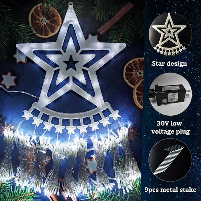 Aokudoni Christmas Decorations Outside 12.6FT 350 LED 8 Modes Star Christmas Lights Outdoor for House Yard Porch Holiday Decoration Cool White