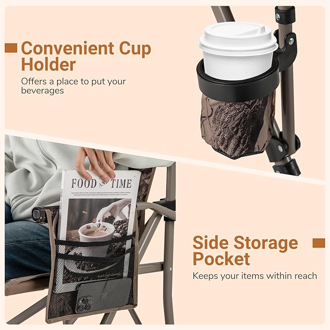 Goplus Folding Camping Chair 400 LBS Support Lawn Chair w/Armrests with Covers Cup Holder &amp Storage Pocket Adjustable Feet Portable Camp Chair with Carrying Bag for Fishing Hunting Picnic (2)