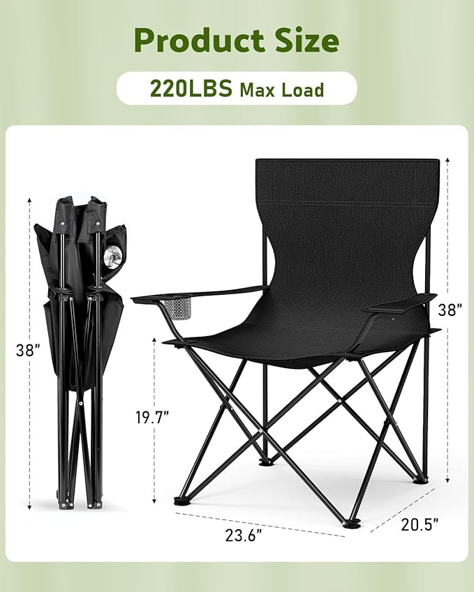 YSSOA Portable Folding Black Camping Chair 2-Pack