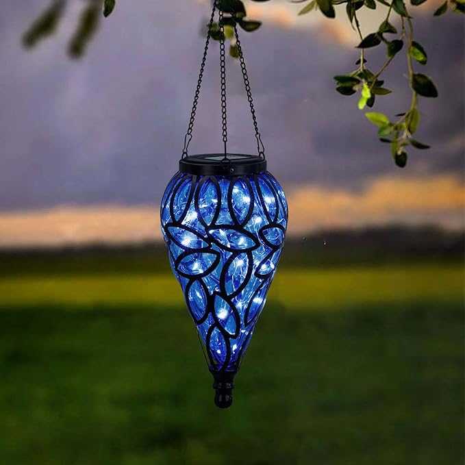 Solar Hanging Lantern Outdoor Lights Tear-Shaped 15 LEDs Cool White Hanging Lights with S Hooks Decor in Garden Yard Pathway Front Door and Landscape